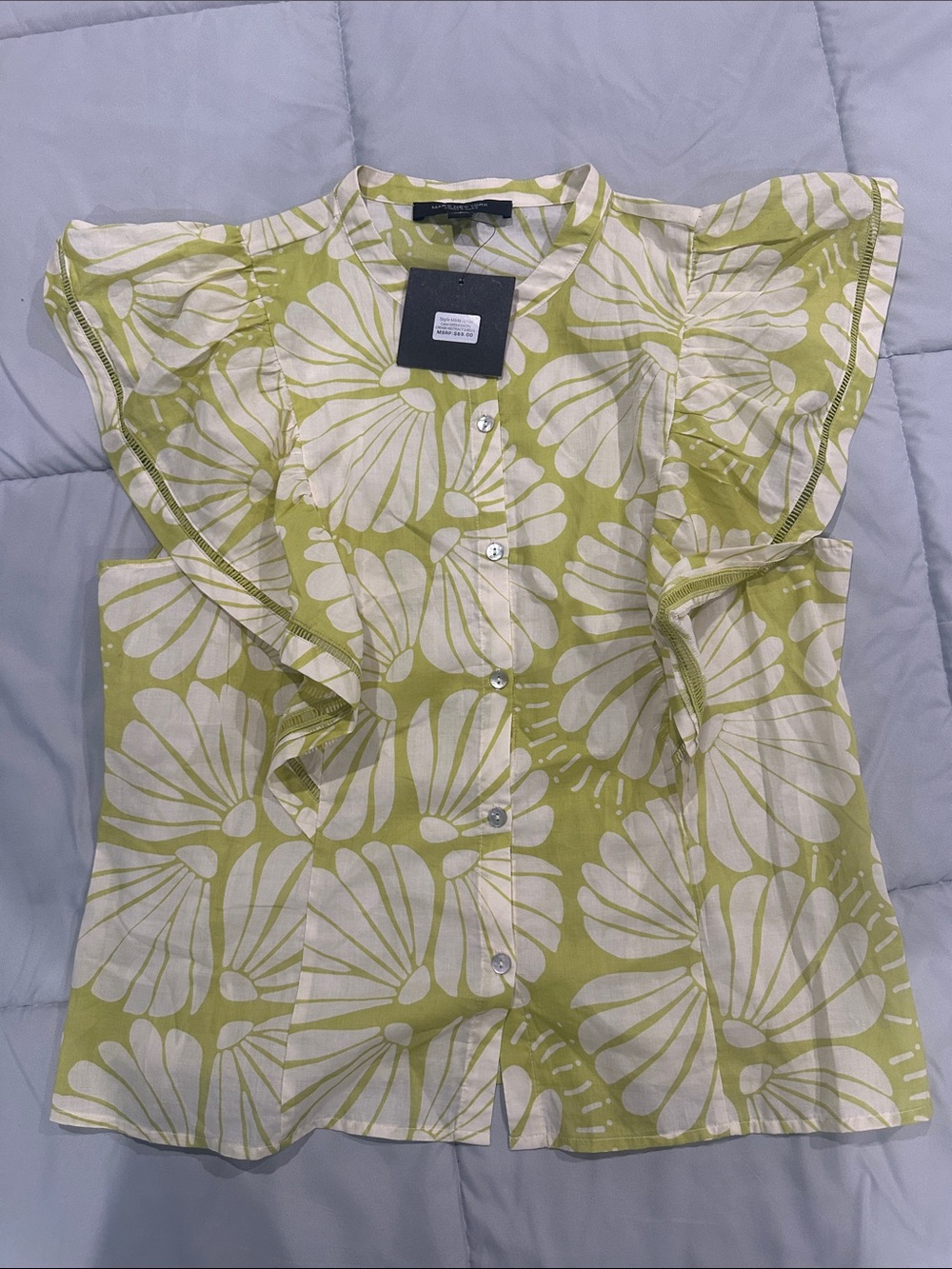 Marc New York Lime Green and Cream Floral Ruffle Button-Front Blouse